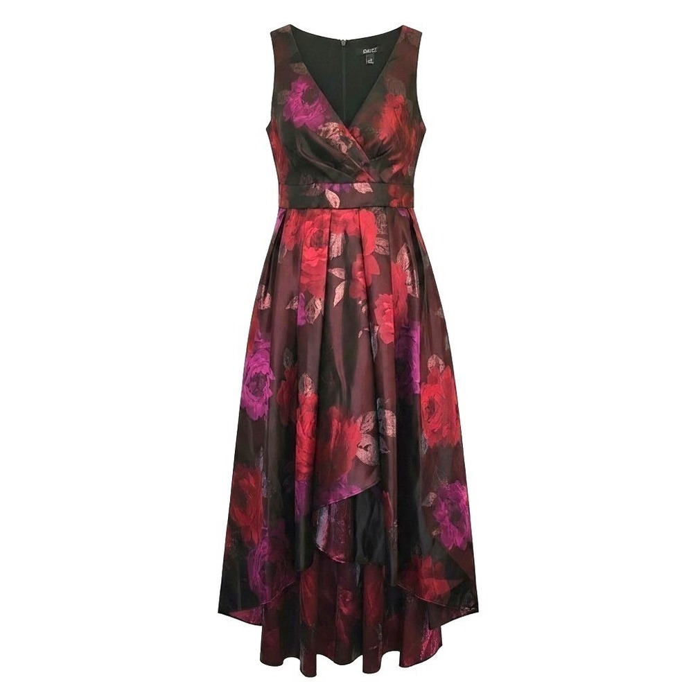 Ignite‎ Evenings Size 8 Wine Metallic Floral Fit & Flare High-Low Cocktail Dress
